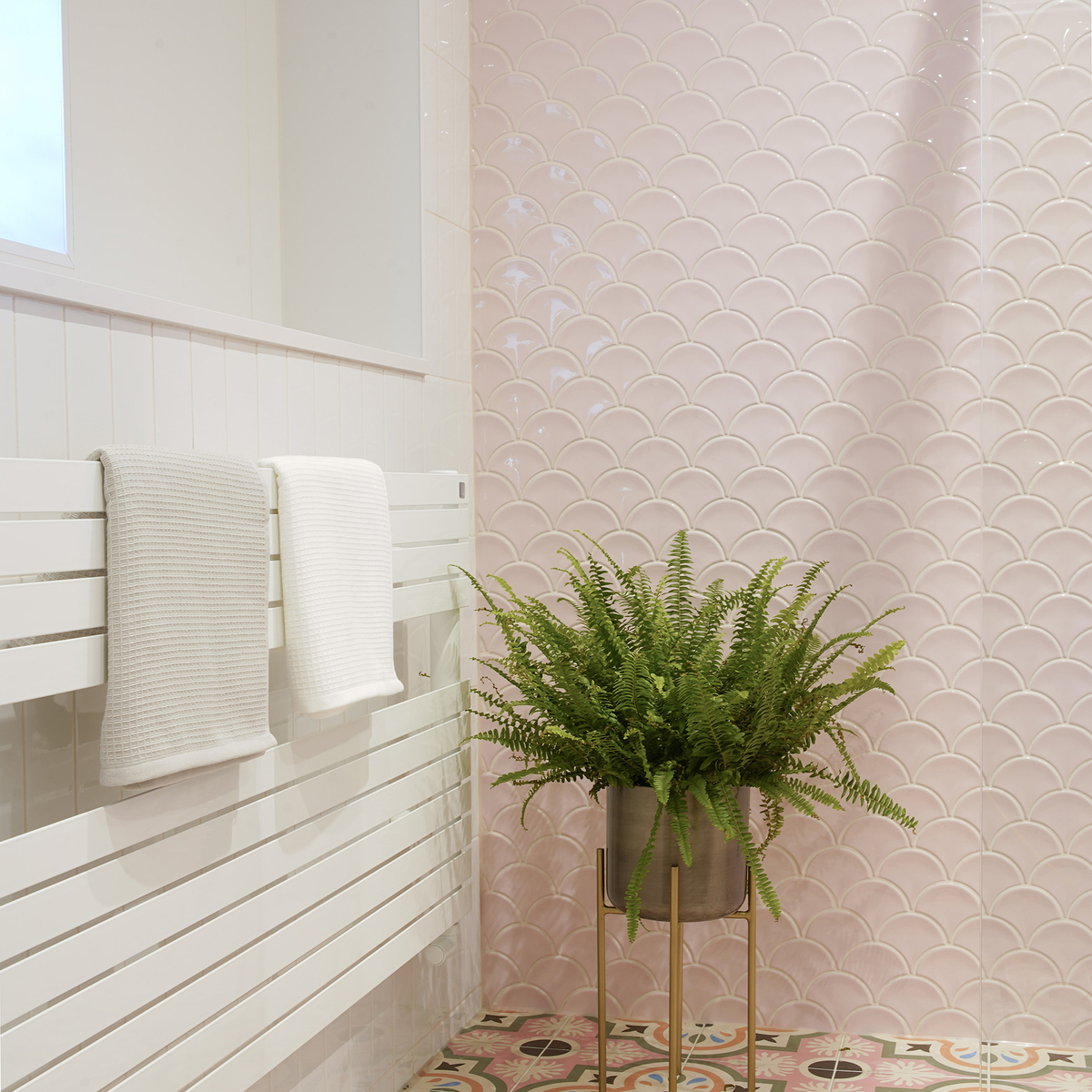 Langtoft bathroom space green bright fun pink gold18