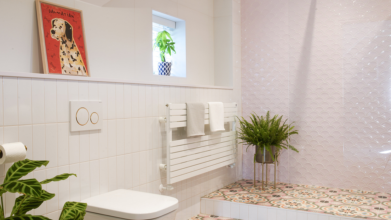 Langtoft bathroom space green bright fun pink gold9