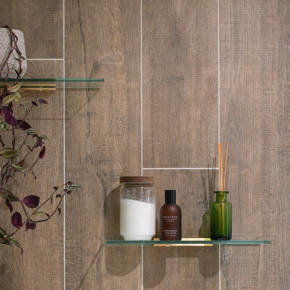 Wood finish tile minimal shelving bathroom